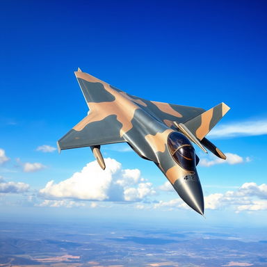 A sleek and modern fighter jet soaring through a bright blue sky, with fluffy white clouds scattered in the background