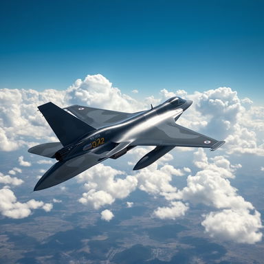 A sleek and modern fighter jet soaring through a bright blue sky, with fluffy white clouds scattered in the background