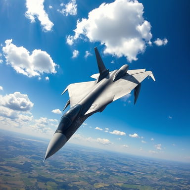 A sleek and modern fighter jet soaring through a bright blue sky, with fluffy white clouds scattered in the background