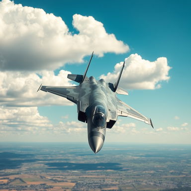 A sleek and modern fighter jet soaring through a bright blue sky, with fluffy white clouds scattered in the background
