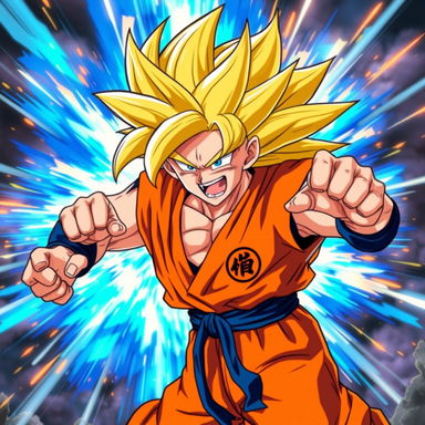 A dynamic and powerful depiction of Goku from Dragon Ball Z, showcasing him in his Super Saiyan form with golden spiky hair and a fierce expression