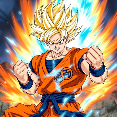 A dynamic and powerful depiction of Goku from Dragon Ball Z, showcasing him in his Super Saiyan form with golden spiky hair and a fierce expression