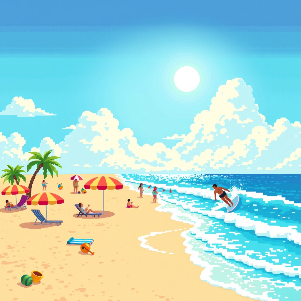 A vibrant 8-BIT pixel art style beach scene measuring 93cm in height and 650cm in length