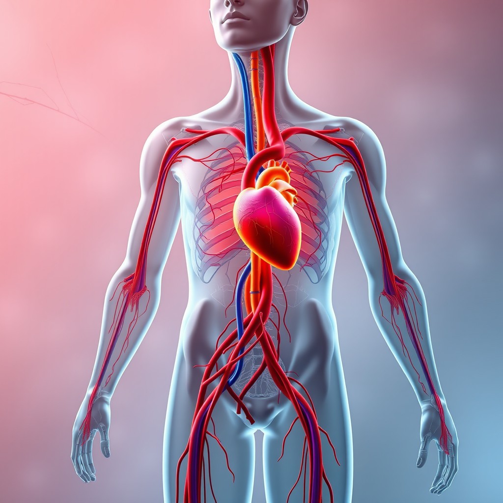 An artistic representation of blood flow in the human body, showing arteries and veins in vibrant colors