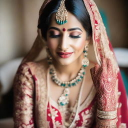 A South Asian (Desi) bride dressed in traditional wedding attire, showcasing intricate details and vibrant colors.