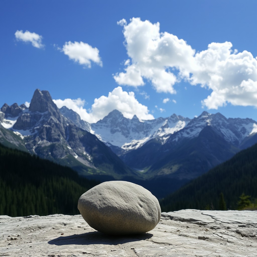 A round natural stone positioned in the foreground, with a majestic mountain landscape in the background