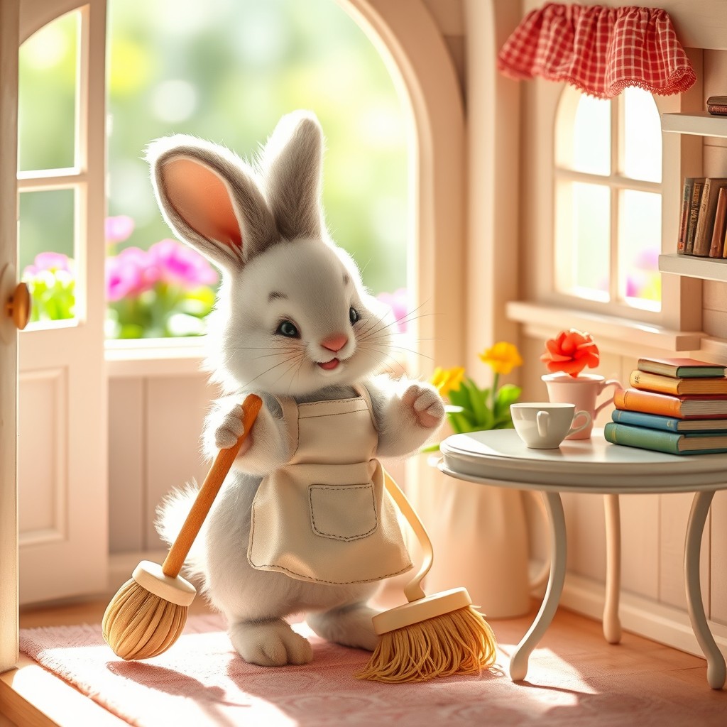 A cute and fluffy rabbit, wearing a small apron, energetically cleaning its cozy little house