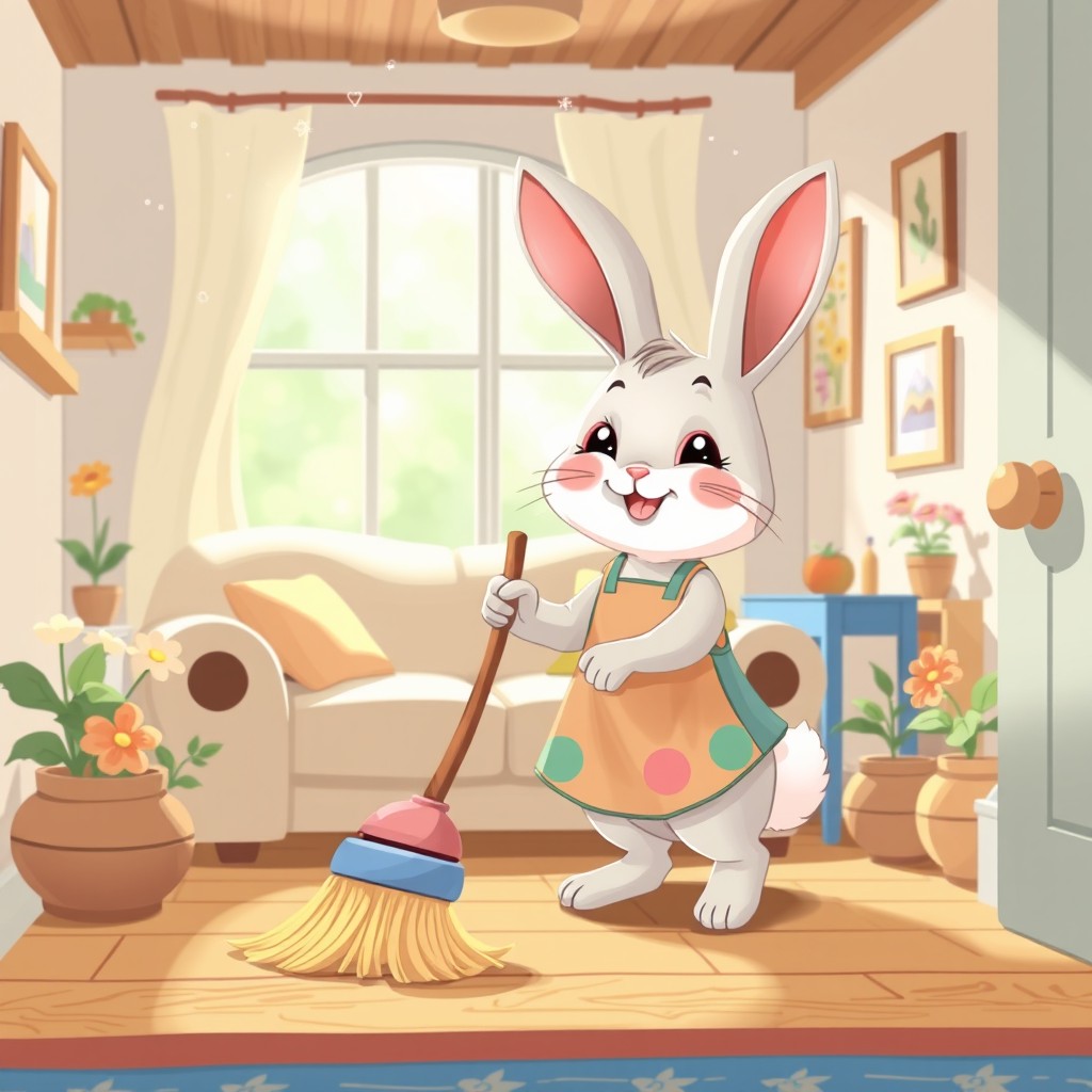 A cute, cartoon-style rabbit happily cleaning its cozy little house