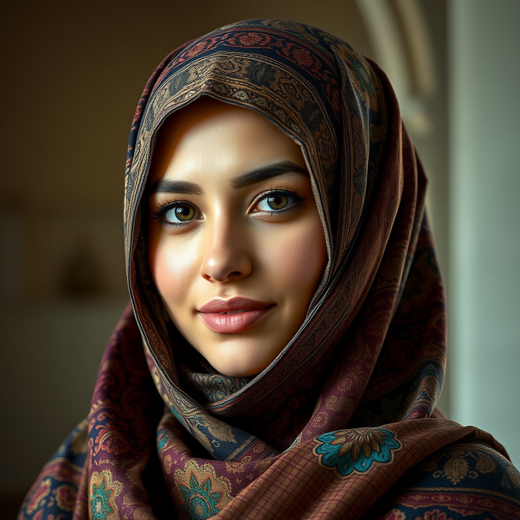 A portrait of a woman wearing a beautifully ornate hijab adorned with intricate patterns and vibrant colors