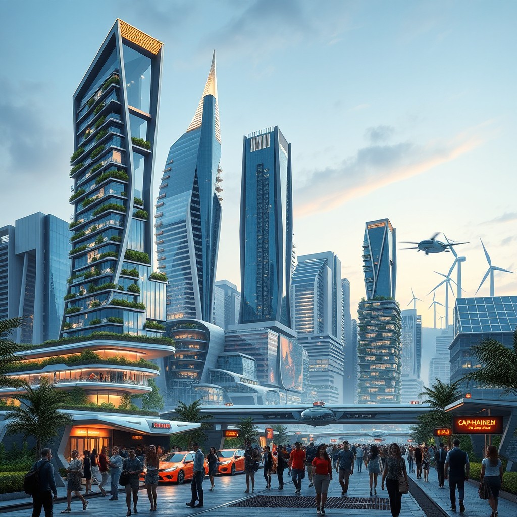 A futuristic development scene of Cap-Haïtien city, featuring modern architecture, eco-friendly buildings, and advanced transportation systems