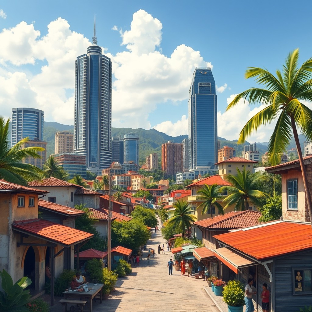 A detailed artistic representation of Cap-Haïtien, Haiti, incorporating traditional elements of the city along with modern skyscrapers