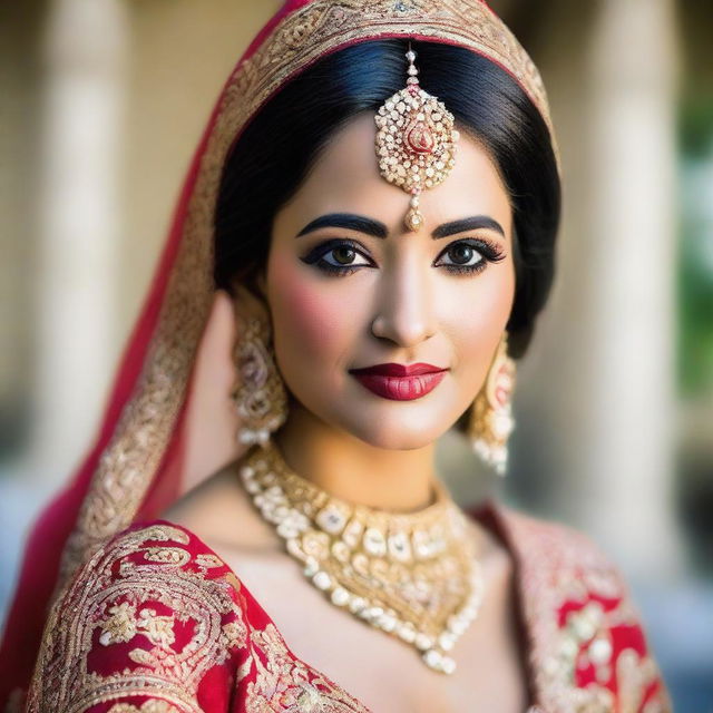 A South Asian (Desi) bride dressed in traditional wedding attire, showcasing intricate details and vibrant colors.