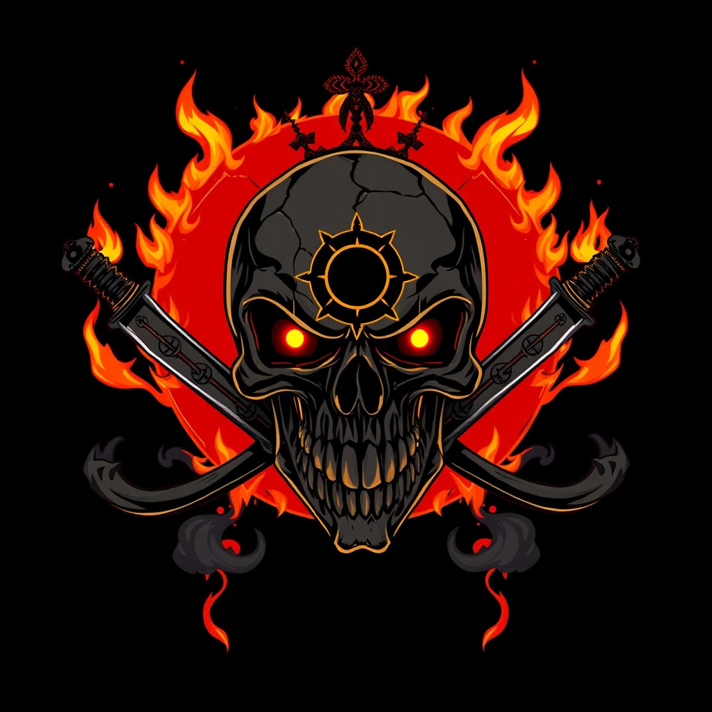 A menacing, stylized human skull with sharp, elongated teeth, featuring glowing black and gold eyes