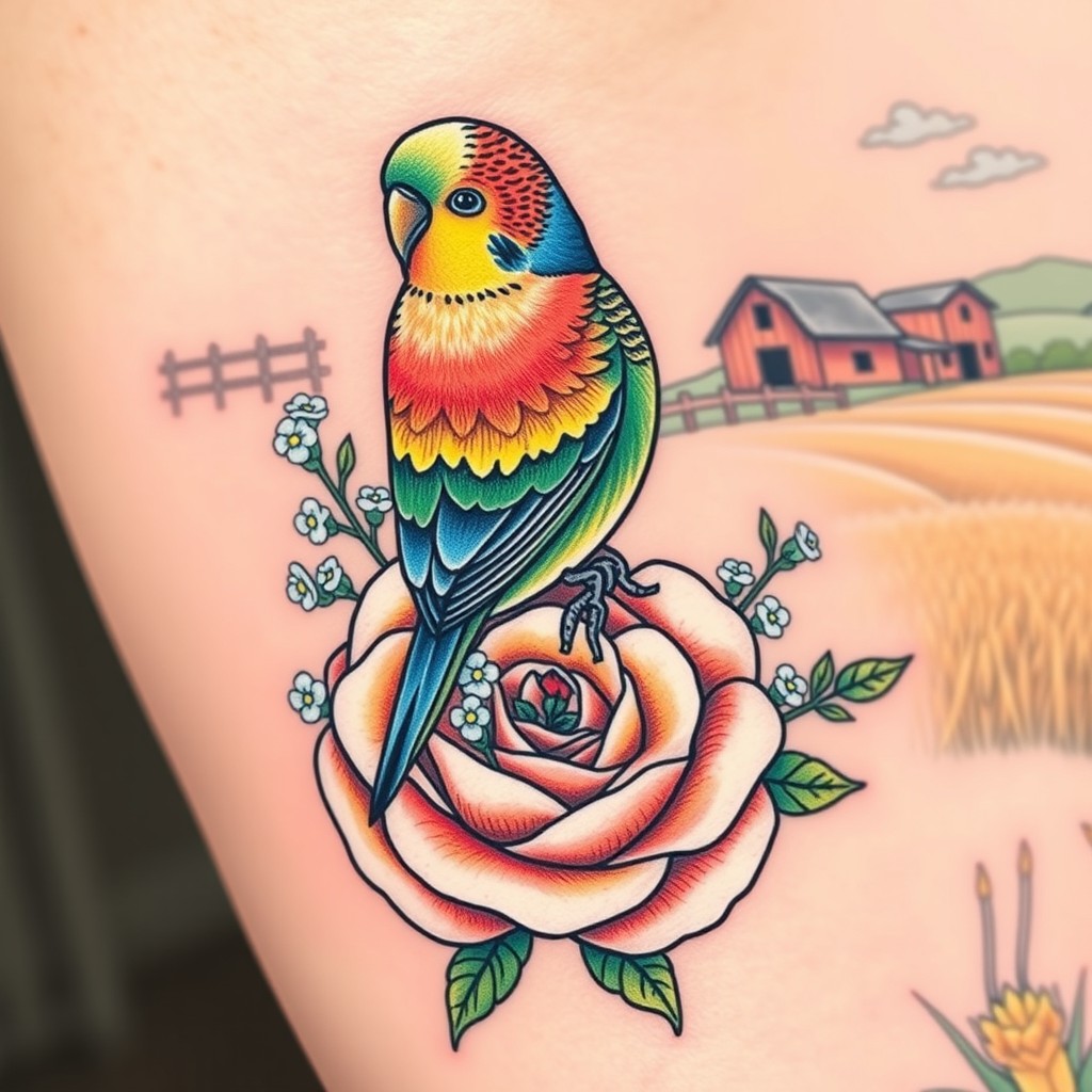 A beautifully intricate tattoo design featuring a vibrant budgie perched gracefully on a lush, blooming rose