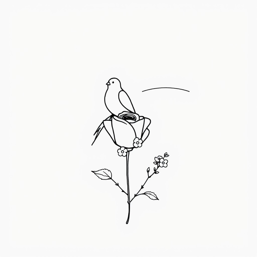 A minimalist tattoo design featuring a simple outline of a budgie perched on a stylized rose, with clean lines and limited detail