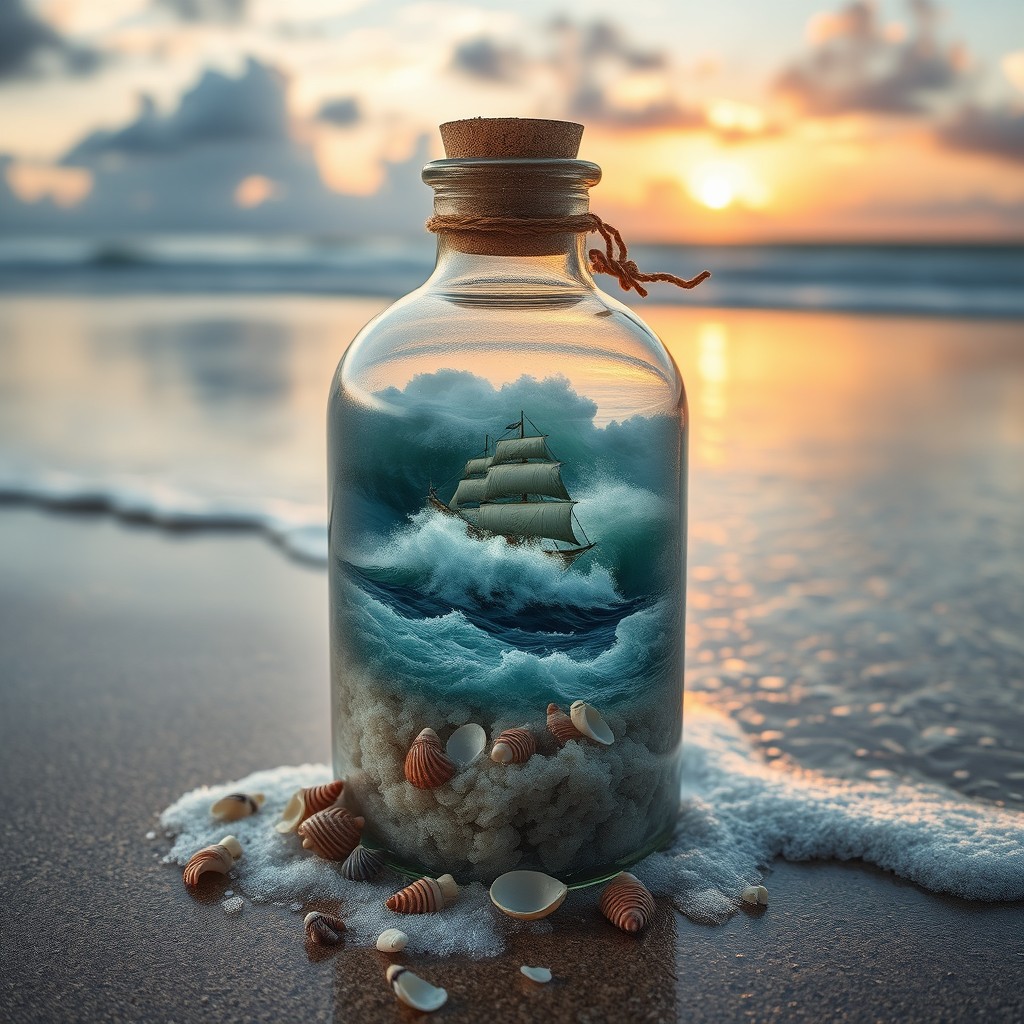Inside a transparent glass bottle sealed with a cork, there is a small ship rocking violently on enormous waves, surrounded by frothy water and darkening clouds above it
