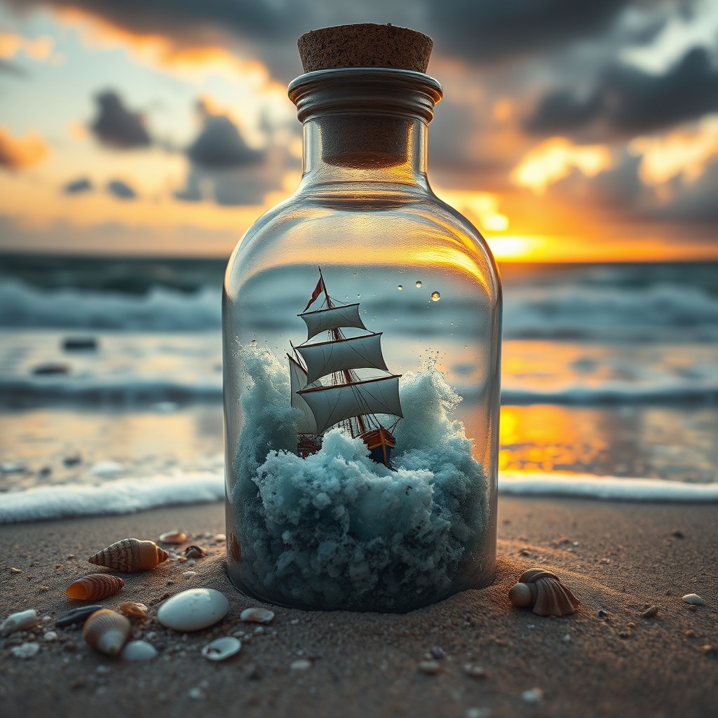 A transparent glass bottle sealed with a cork, set against a backdrop of a sandy beach with a raging sea