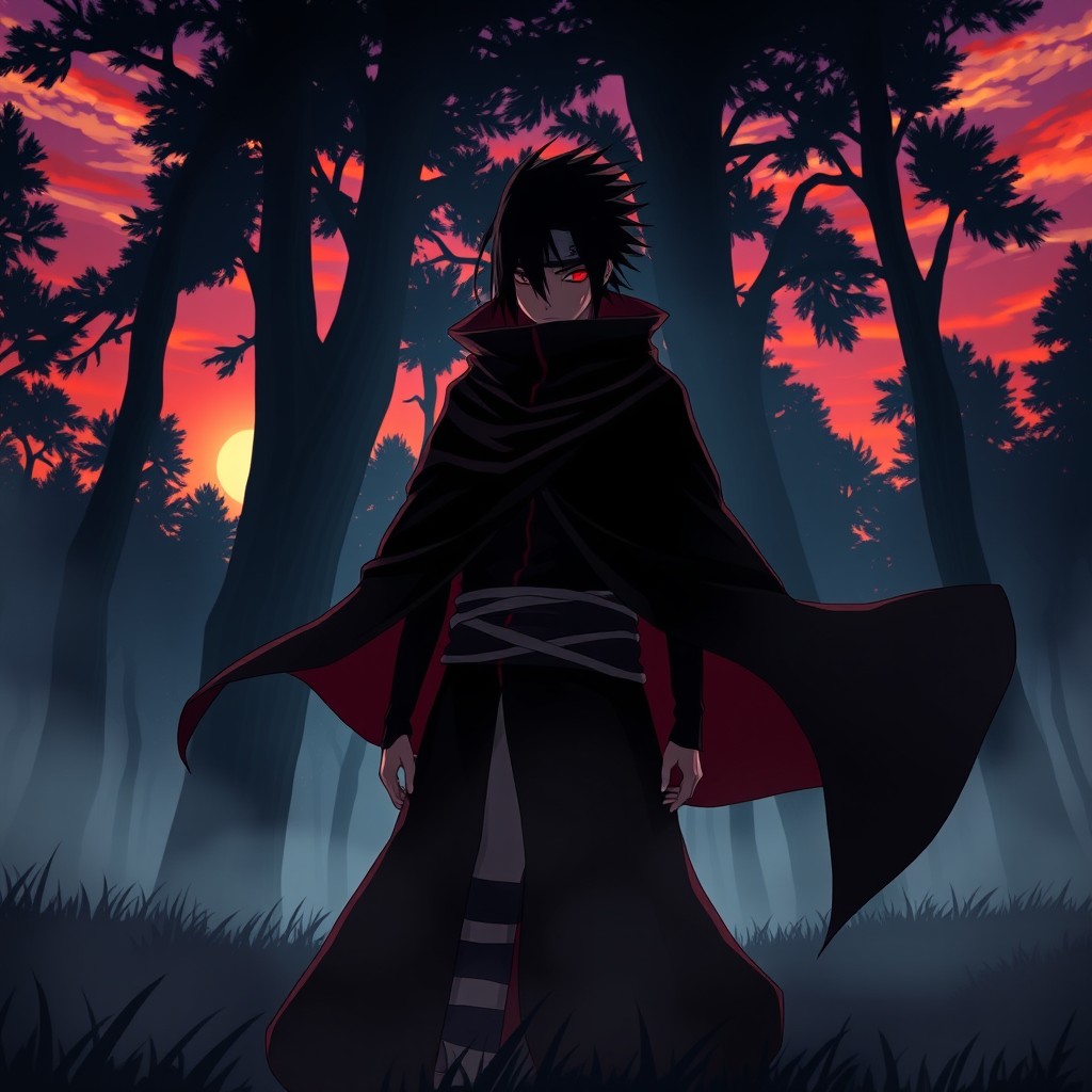 Itachi Uchiha from the anime Naruto, depicted in a dramatic and intense manner as he stands in a forest at dusk, with his iconic red Sharingan eyes glowing