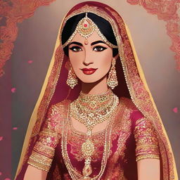 Animated image of a South Asian (Desi) bride dressed in traditional wedding attire, with vivid colors and intricate details.