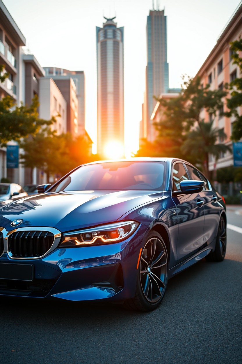 A sleek blue BMW 3 Series G20 model parked on a vibrant city street during sunset