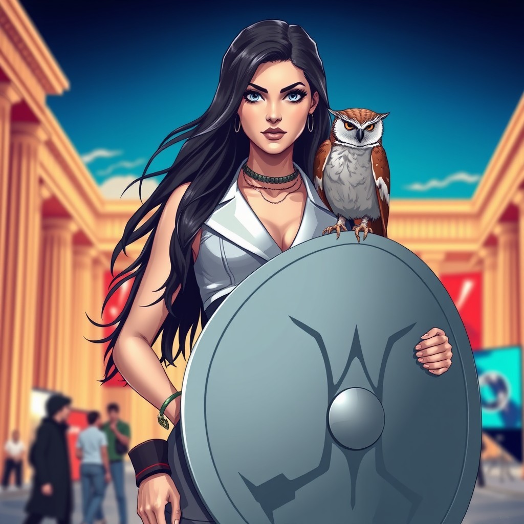 A modern interpretation of the Greek goddess Athena, depicted as a contemporary woman