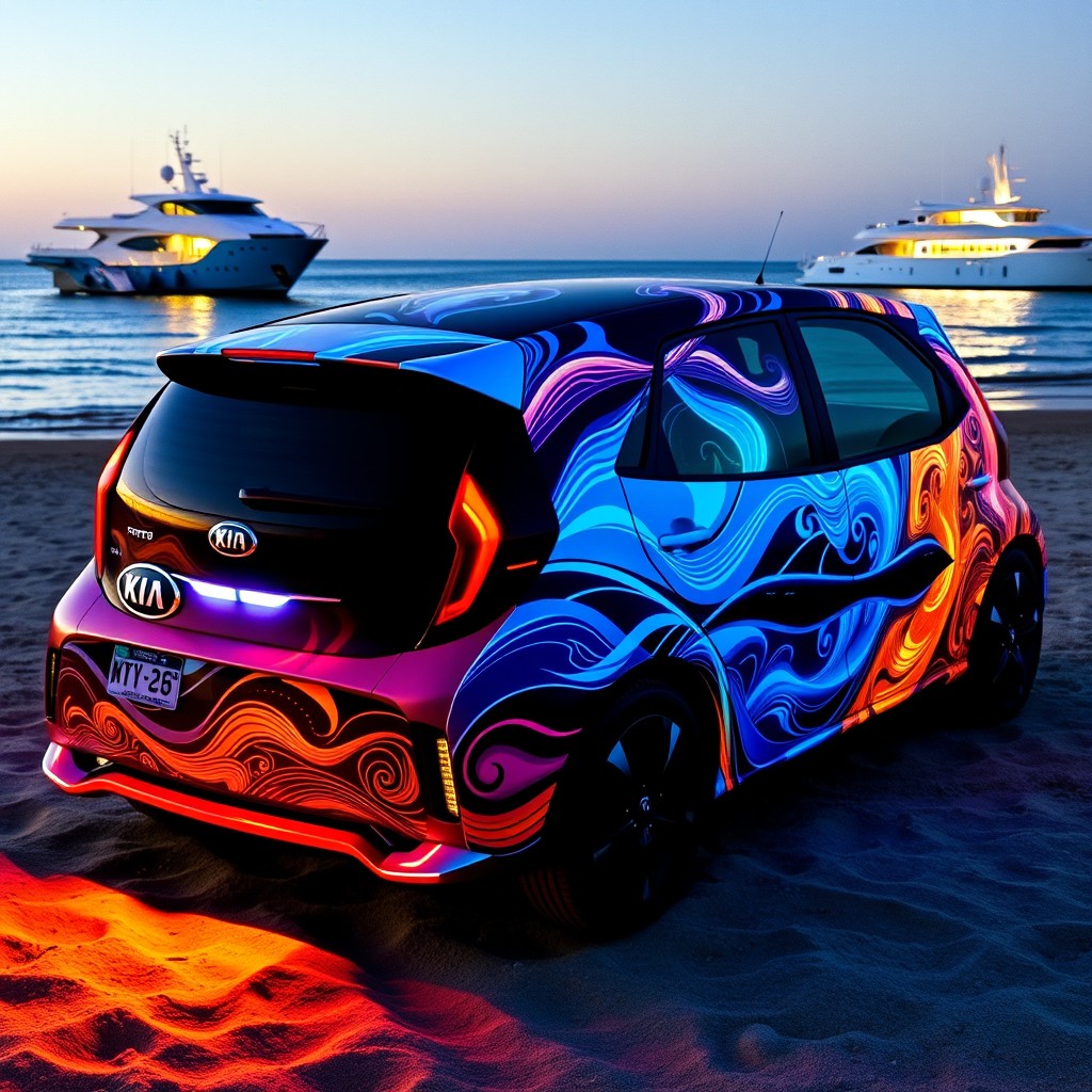 A Kia Picanto car wrapped in a striking and modern design that showcases a lighting design theme, specifically tailored for a company that specializes in yacht lighting
