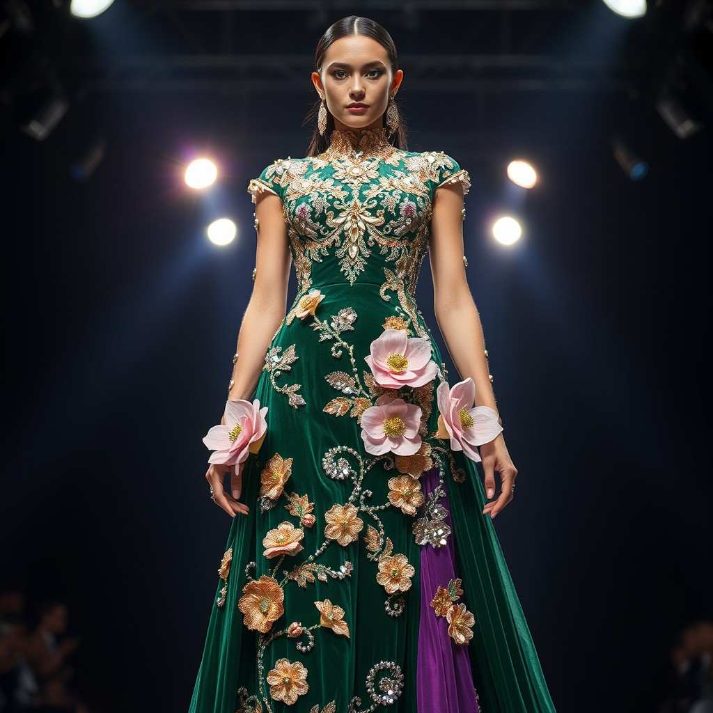 A magnificent haute couture runway dress that transforms exquisite beadwork and embellishments into a breathtaking evening gown