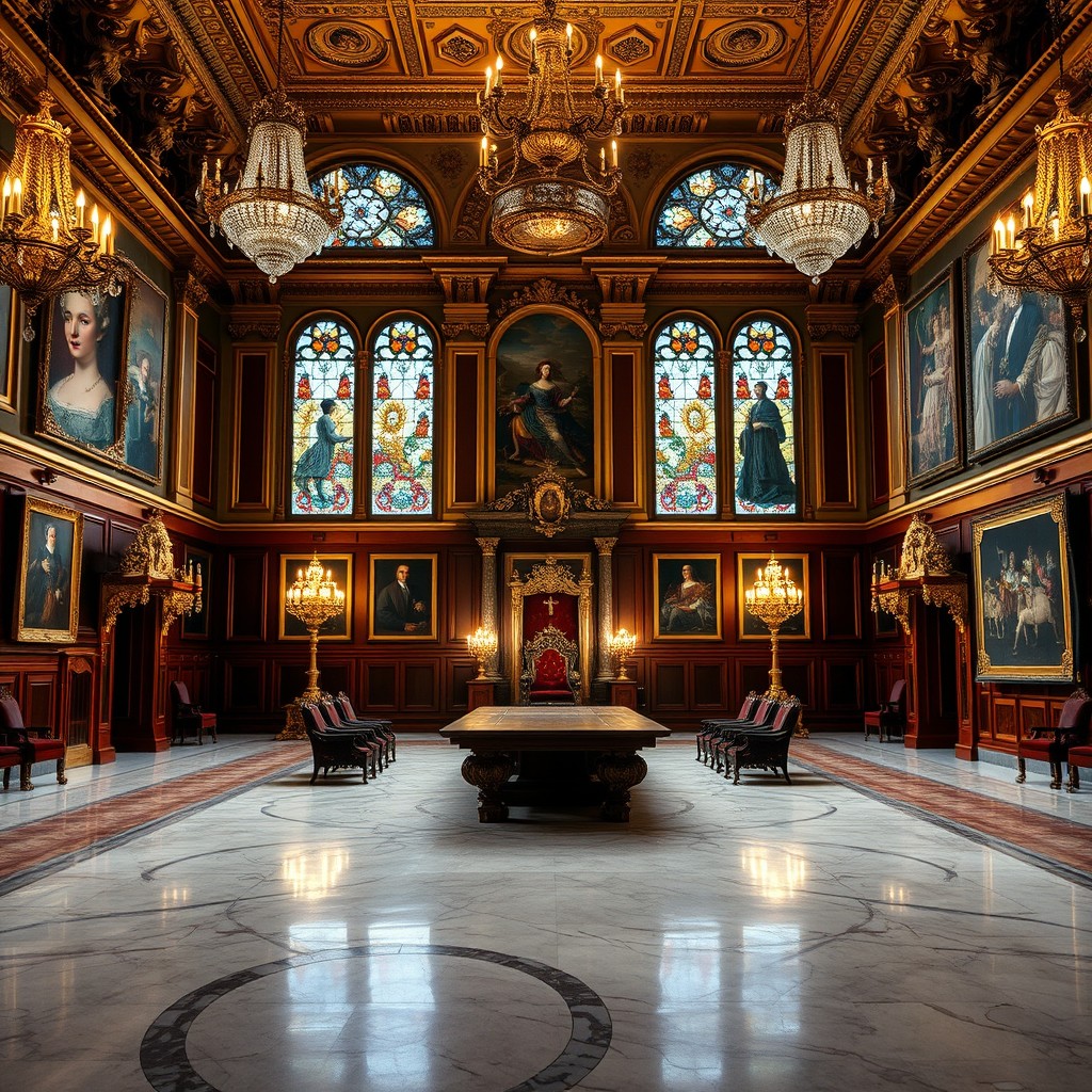 A grand royal courtroom, featuring opulent architecture and lavish decorations