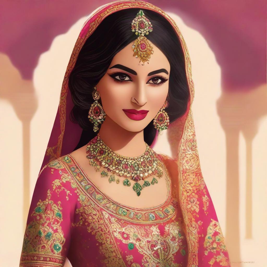 Animated image of a South Asian (Desi) bride dressed in traditional wedding attire, with vivid colors and intricate details.