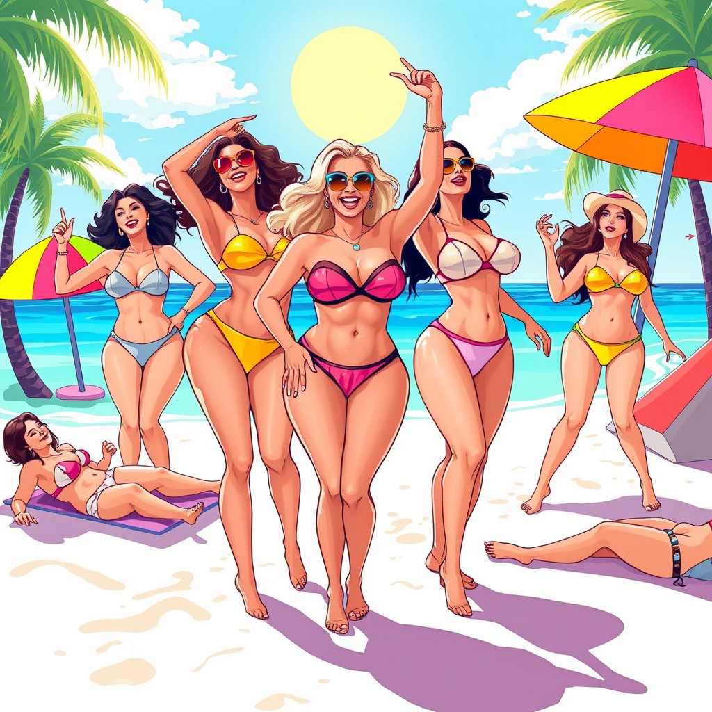 A vibrant and colorful illustration featuring voluptuous women enjoying a glamorous beach party