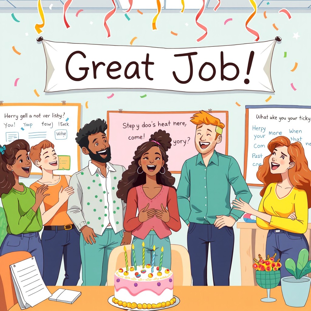 A vibrant and motivational illustration featuring a group of diverse individuals in a cheerful office setting, where each person is enthusiastically giving compliments and celebrating one another's small achievements
