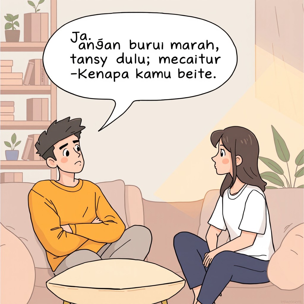 A thoughtful and serene scene depicting a calm conversation between two individuals in a cozy living room