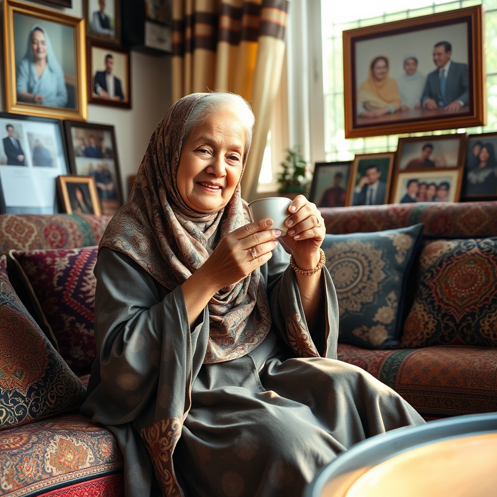A warm and wise Muslim grandmother, dressed in a beautifully patterned hijab and a traditional long dress, sitting gracefully in her cozy living room filled with colorful cushions and intricate decor