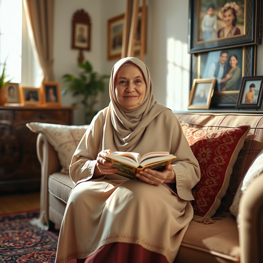 A warm and gentle Islamic grandmother, wearing a traditional hijab, with a soft, welcoming smile