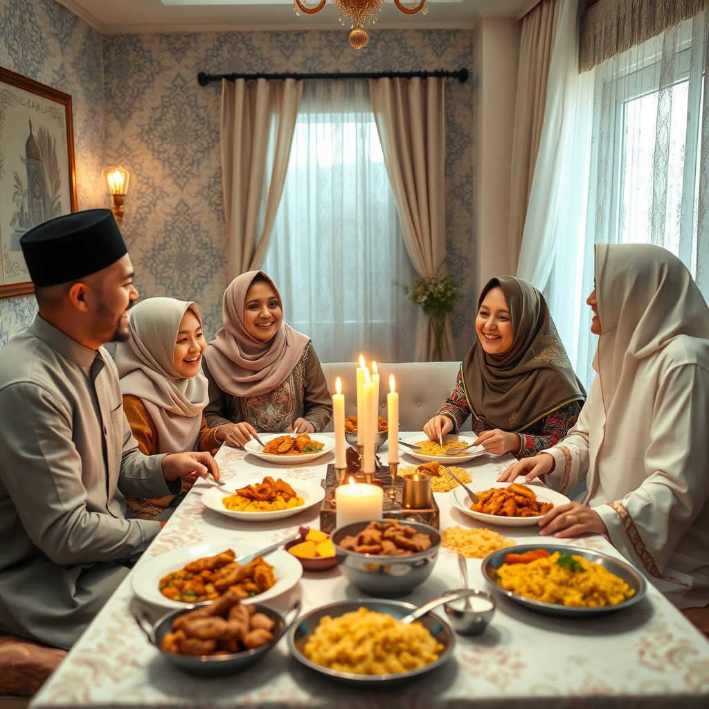 A warm and inviting scene of a Muslim family dining together