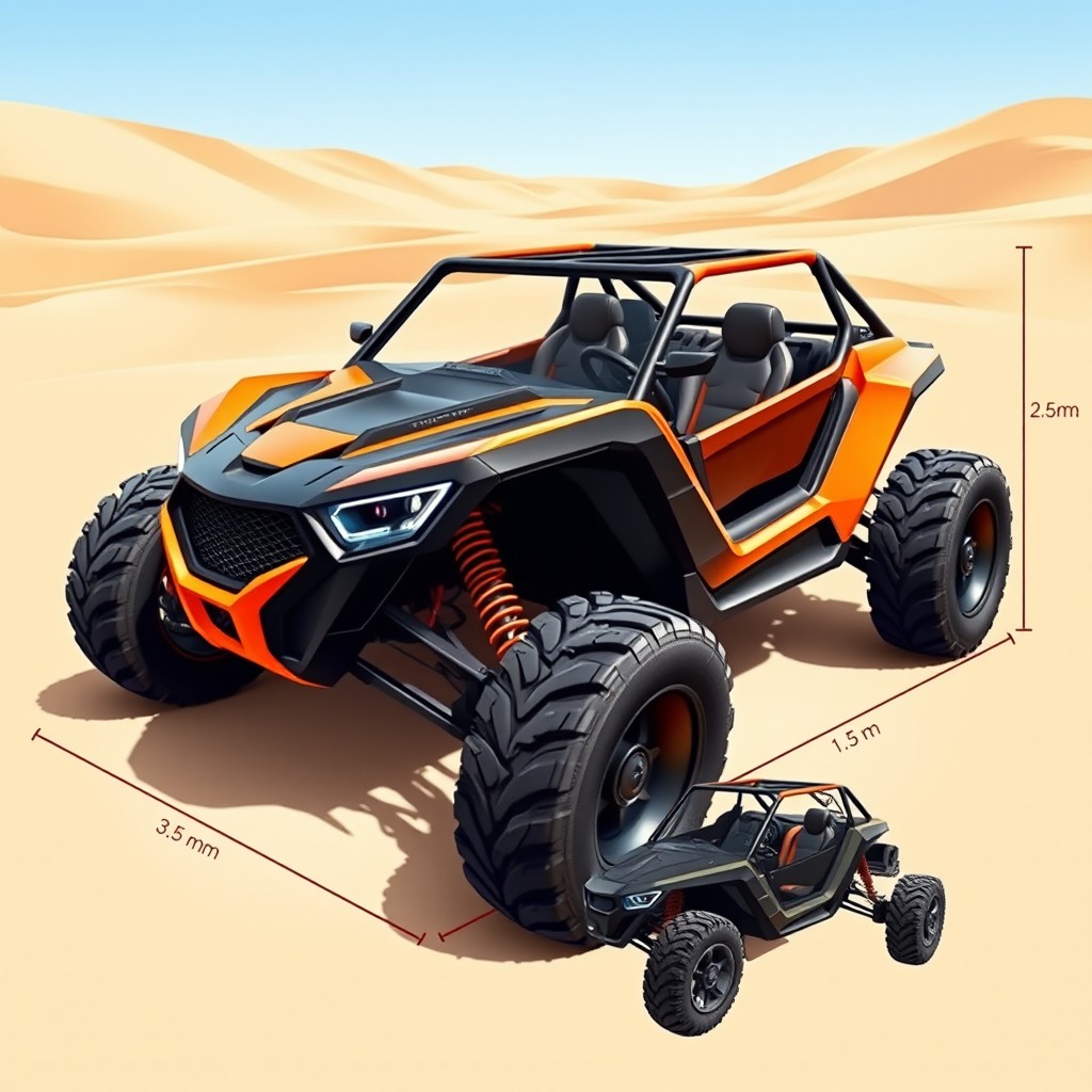 A detailed illustration of a buggy car designed with an innovative and sporty style, measuring 3