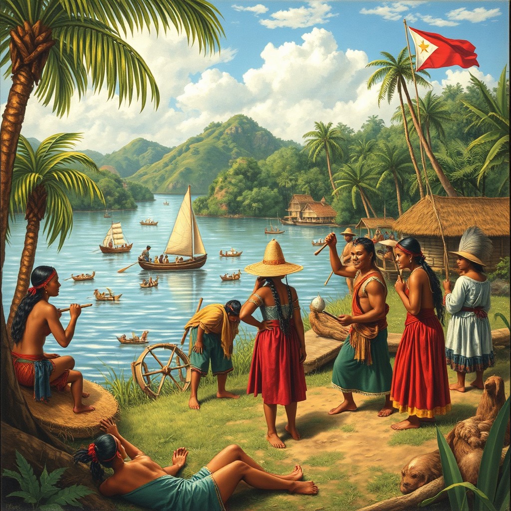 Detailed artwork depicting the Spanish colonial era in the Philippines, focusing on the cultural and social landscape before full colonization