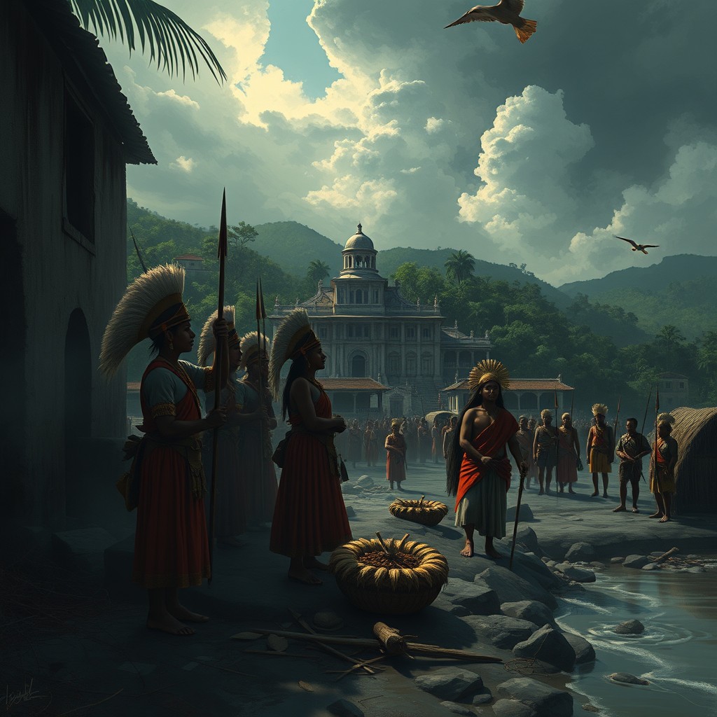 A powerful and evocative scene portraying the Spanish colonization of the Philippines, focusing on the hardships and abuses faced by indigenous people