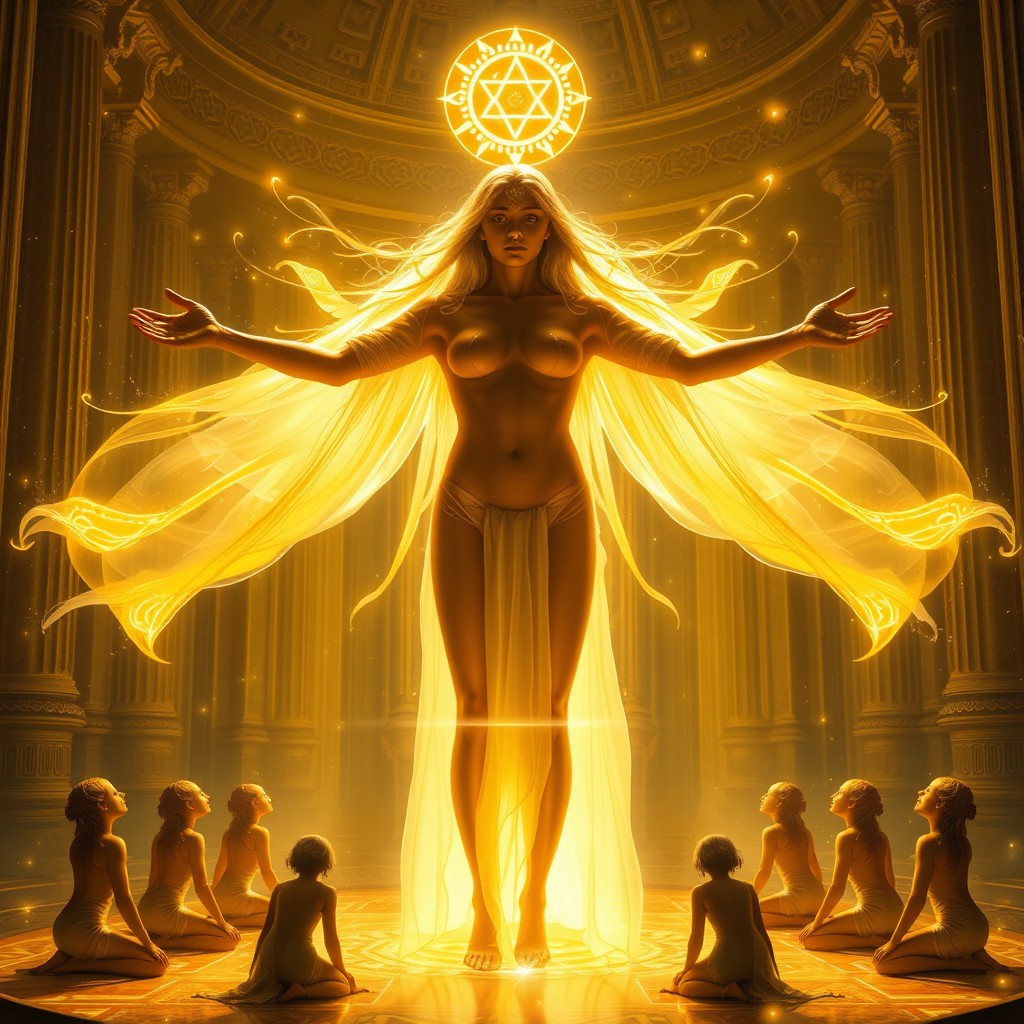A divine androgynous figure named Amari standing in a grand ritual hall illuminated by a magical golden atmosphere