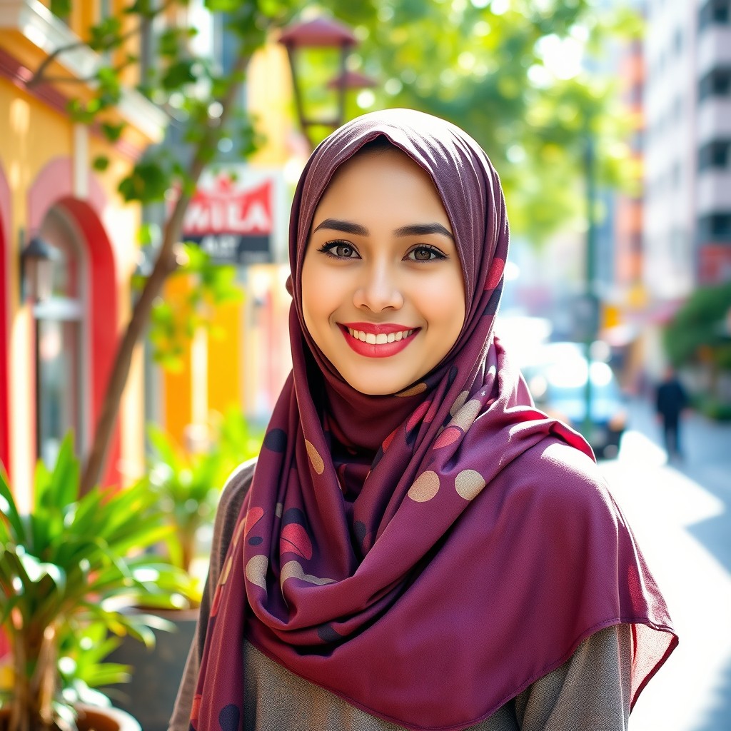 A beautiful girl wearing a stylish hijab in a vibrant urban setting