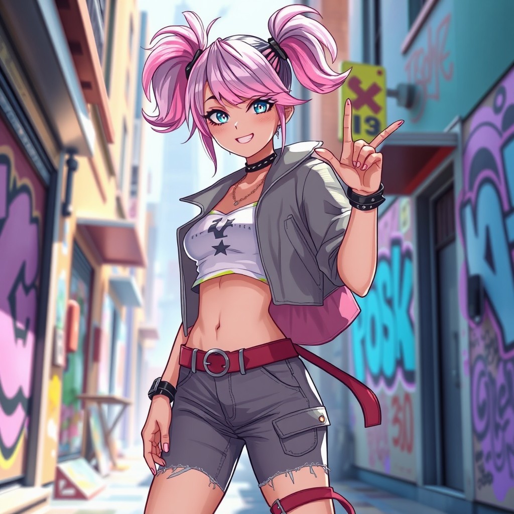 A stylish femboy character with a playful demeanor, wearing trendy, colorful clothing that accentuates their figure