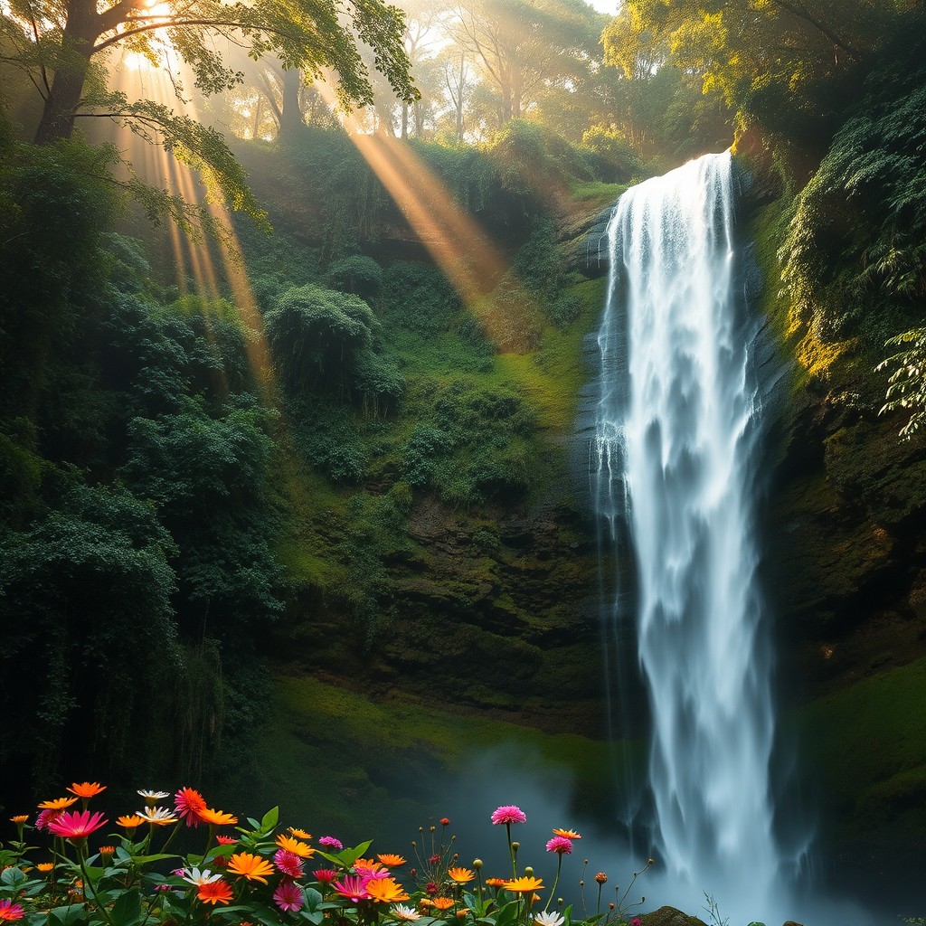 A majestic waterfall cascading down a lush green cliff in a tropical rainforest, with mist rising from the base of the waterfall