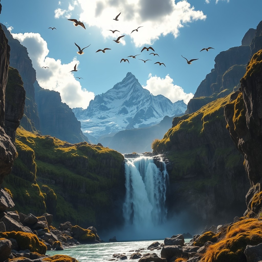 A stunning mountain waterfall cascading into a crystal-clear river, with snow-capped peaks majestically towering in the background
