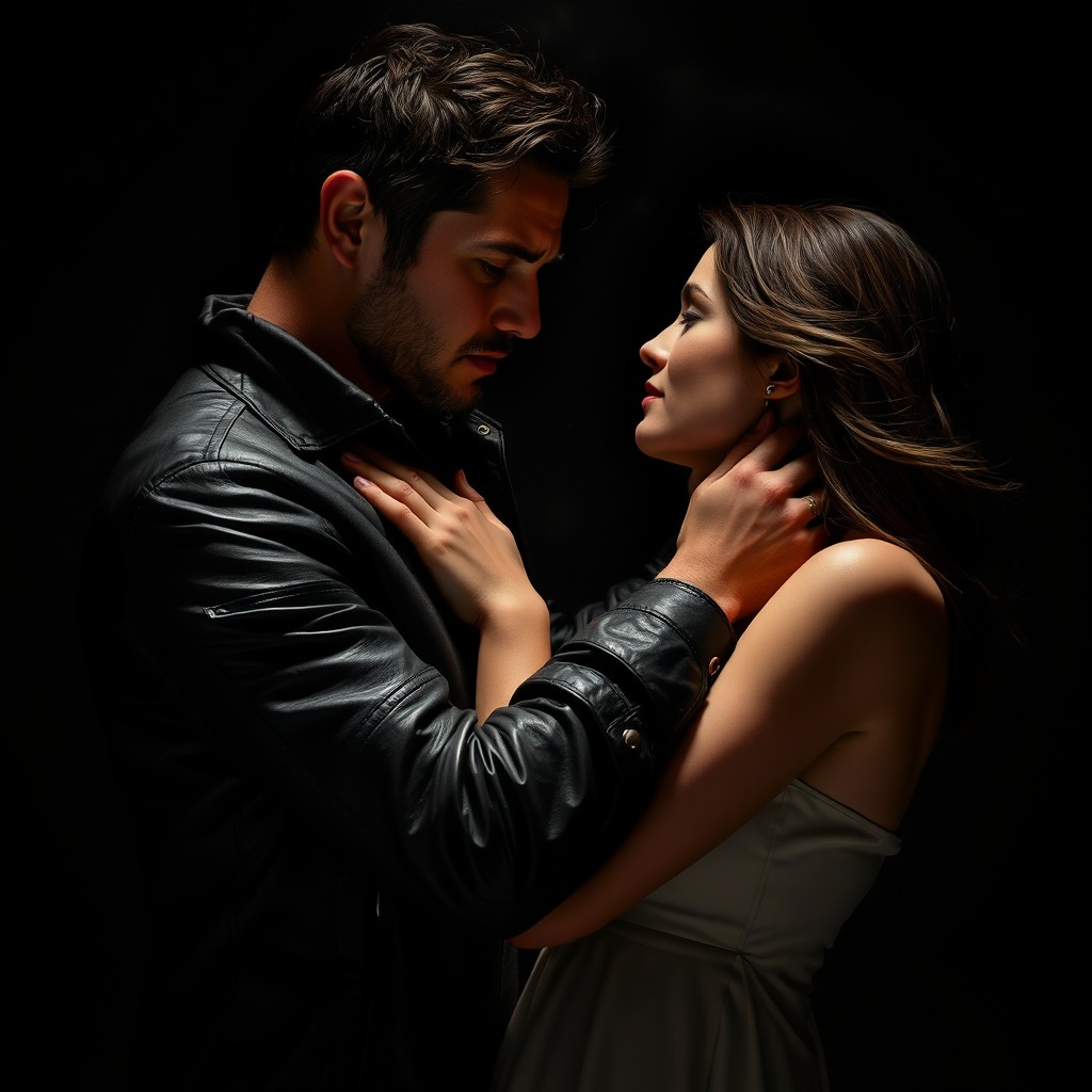 A dramatic scene depicting a man gently holding a woman's neck with a concerned expression, showcasing emotion and intimacy