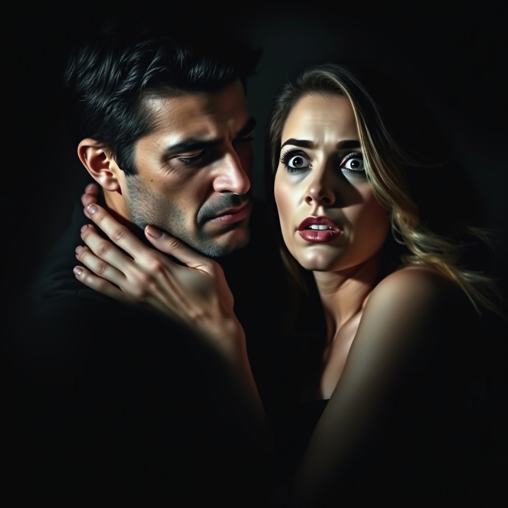 A dramatic scene depicting a man with a serious expression, gently placing his hands around a woman's neck
