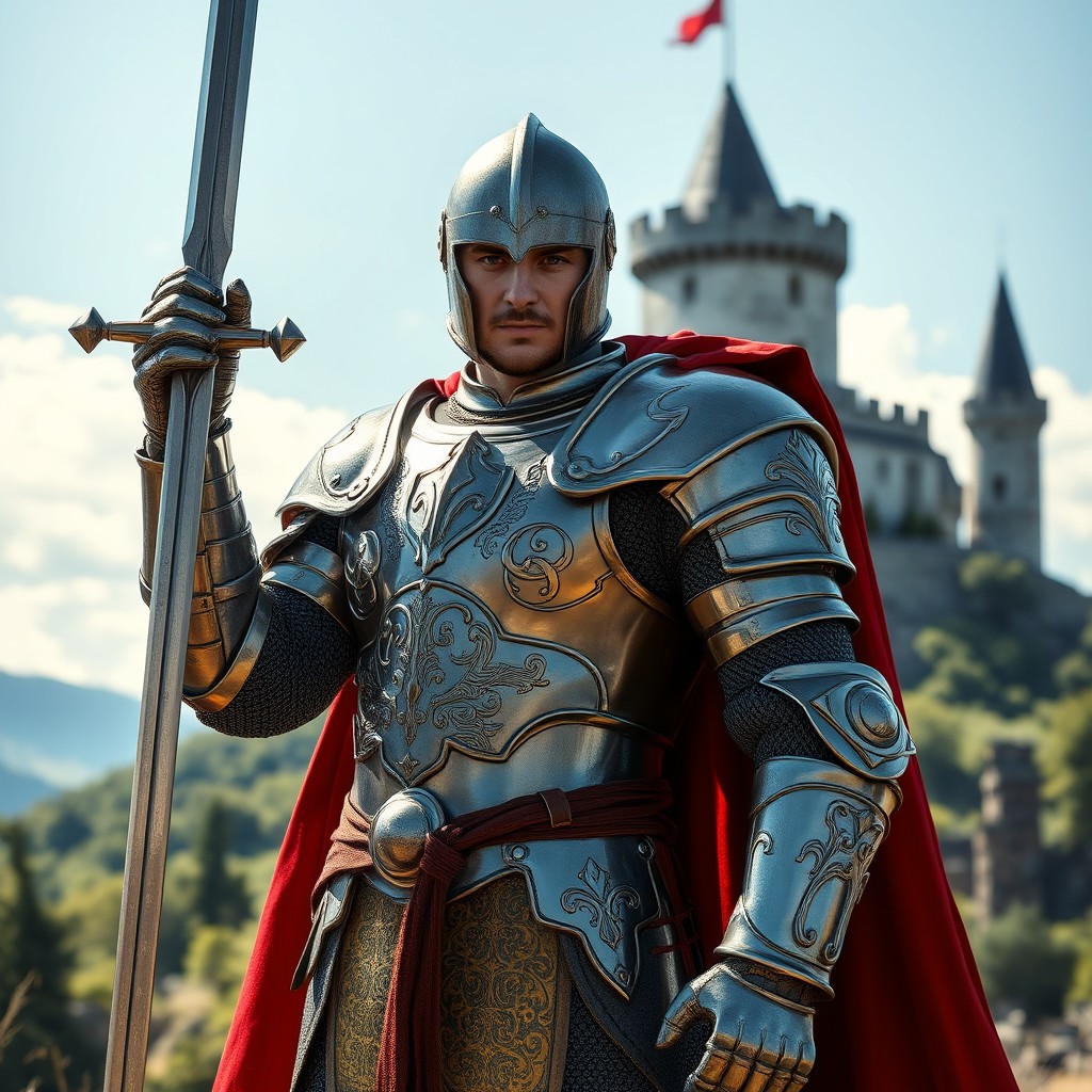 A fierce and brave knight standing proudly without a helmet, showcasing his chiseled features and determined expression