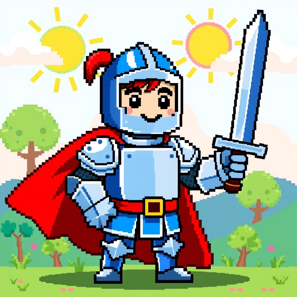 A pixel art knight featuring a cheerful expression, wearing a classic pixelated suit of armor without a helmet