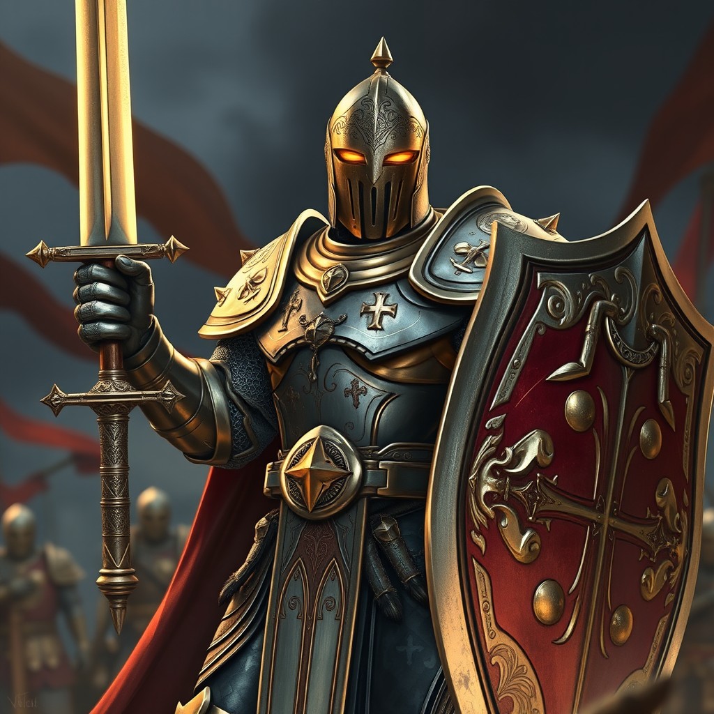 A heroic noble paladin clad in majestic, intricate armor, brandishing a large sword in one hand and a sturdy shield in the other