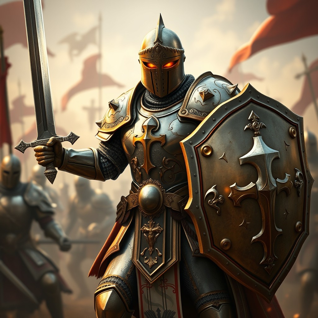 A heroic noble paladin in magnificent, intricate armor, wielding a large sword in one hand and a powerful shield in the other
