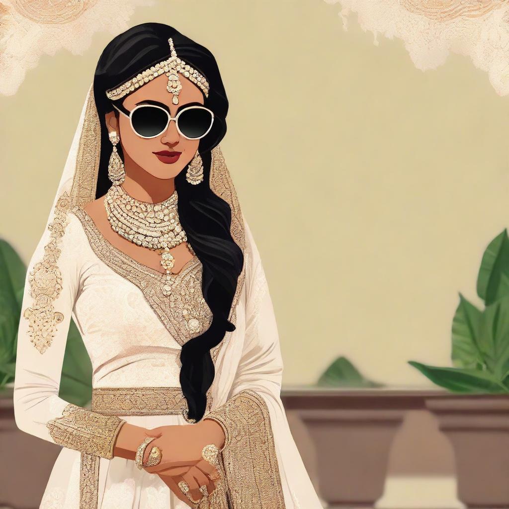 Animated image of a South Asian (Desi) bride in traditional wedding attire, sporting black sunglasses for a modern twist.